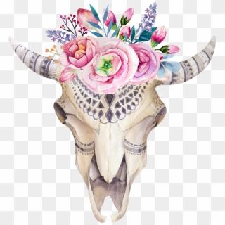 Watercolor Flower Skull Boho-chic Painted Pattern Illustration - Watercolor Bull Skull Png, Transparent Png