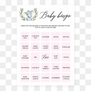 Pink Elephant Shower Baby Bingo Cards By Littlesizzle - Paper, HD Png Download