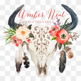 Cow Skull With Flowers And Feathers , Png Download - Watercolor Bull Skull With Flowers, Transparent Png