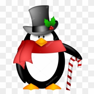 Candy Cane Cute Cartoon Penguin With Top Hat Red Scarf - Penguin With Candy Cane, HD Png Download