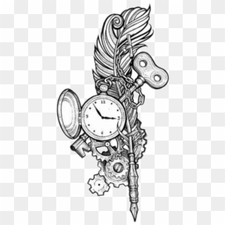 Feather Feathertattoo Pocketwatch Key Tattoodesign - Watch Tattoo Designs, HD Png Download