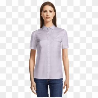 Light Purple Short Sleeved Dobby Dress Shirt With Pocket-view - Stand Collar Shirt For Women, HD Png Download
