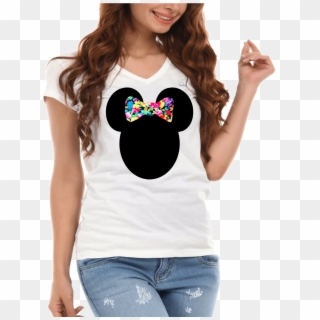 Minnie Mickey Floral Pattern Bow Silhouette Ladies - White Women T Shirt Model, HD Png Download