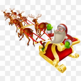Sled Christmas Sitting On A - Merry Christmas Santa Claus Sleigh And Reindeer, HD Png Download