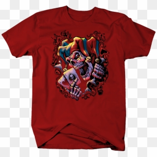 Evil Skeleton Joker Holdong Playing Cards Shirt Red - Skull Joker, HD Png Download