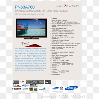 63 Widescreen Plasma Hdtv With Full Hd 1080p Resolution, HD Png Download