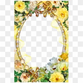Diamonds Decorated Oval Picture Frame With Yellow Roses - Yellow Roses Frame Png, Transparent Png