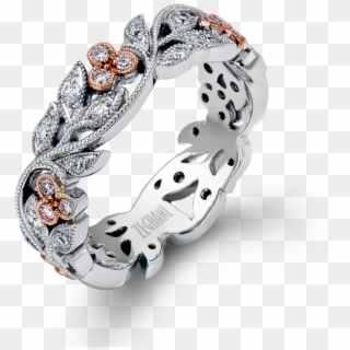 14k Rose And White Leaf Pattern Diamond Ring - Leaf Pattern Diamond Ring, HD Png Download